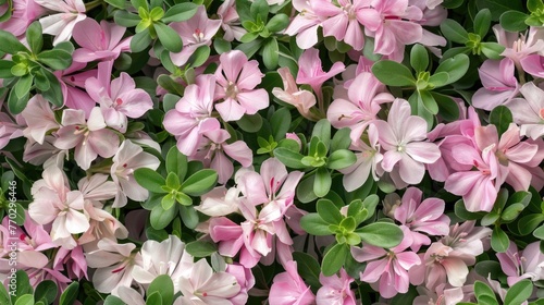 Background of a mix of delicate pink agrostemma blossoms and fresh green leaves photo
