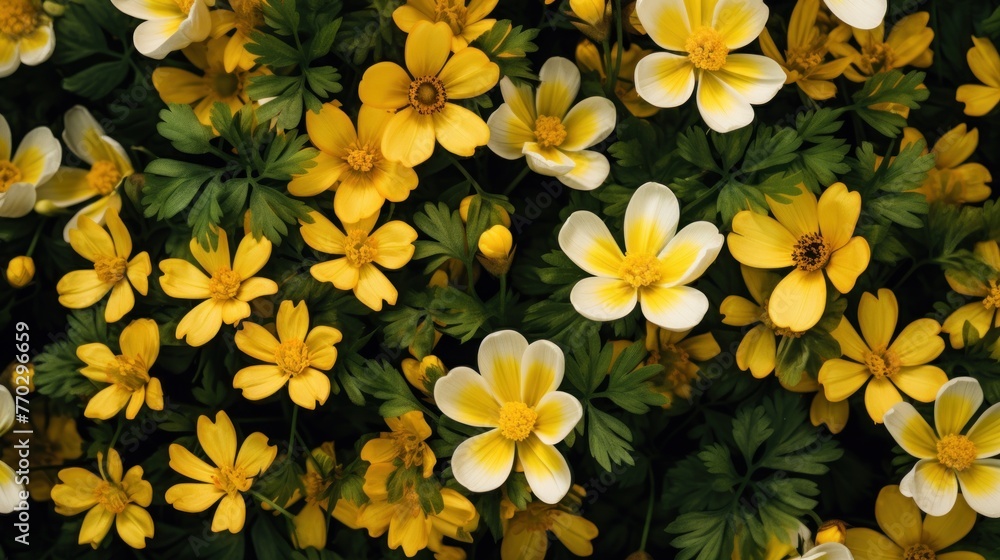 Background of a mix of delicate yellow adonis blossoms and fresh green leaves - obrazy, fototapety, plakaty 