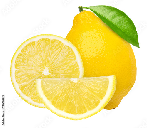 lemon fruit with leaves and slice isolated, Fresh and Juicy Lemon, transparent PNG