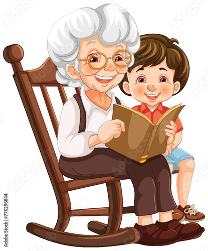 An elderly woman and child enjoying a book together