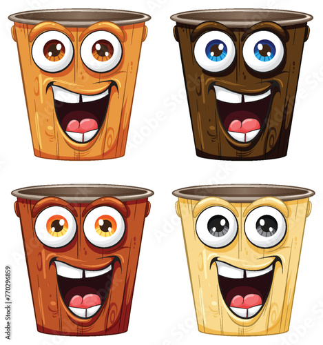 Four animated plant pots with cheerful expressions.