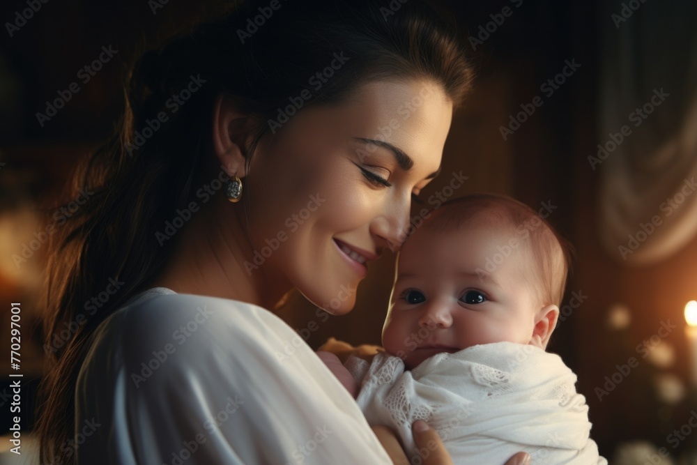 A woman is holding a baby in her arms. The baby is wrapped in a blanket and has a smile on its face. The woman is smiling and looking down at the baby, creating a warm and loving atmosphere A woman is holding a baby in her arms. The baby is wrapped in a blanket and has a smile on its face. The woman is smiling and looking down at the baby, creating a warm and loving atmosphere