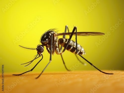 A mosquito is standing on a yellow surface. The mosquito is black and white in color © vefimov