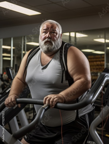 A man with a beard and a beard is standing on a stationary bike. He is wearing a gray shirt and a backpack