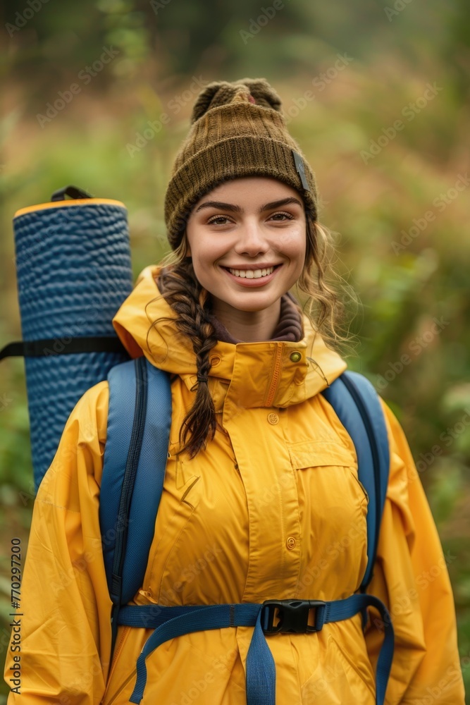 A smiling woman wearing a yellow jacket and a brown hat. She is holding a backpack and a yoga mat A smiling woman wearing a yellow jacket and a brown hat. She is holding a backpack and a yoga mat