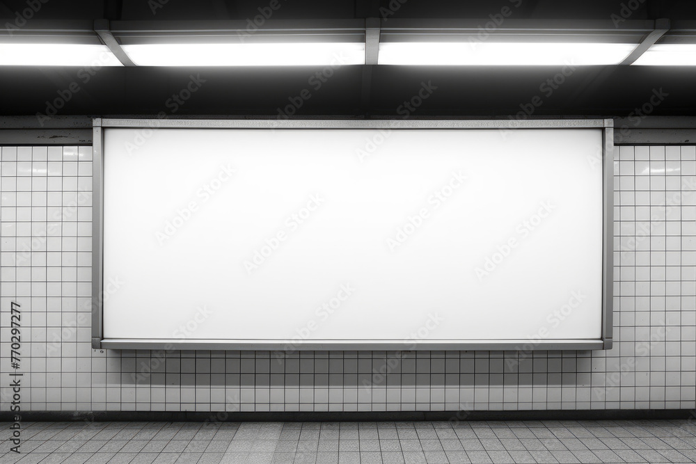 A large white billboard is hanging on the wall of a subway station. The billboard is empty, with no text or images on it A large white billboard is hanging on the wall of a subway station. The billboard is empty, with no text or images on it