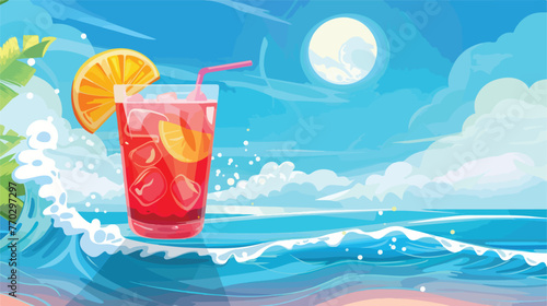 Vector summer background with cocktail and waves fl