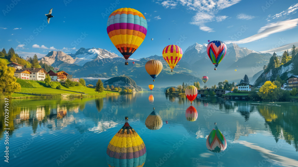 Fototapeta premium Crisp image capturing colorful hot air balloons floating above tranquil water with Swiss Alps in background
