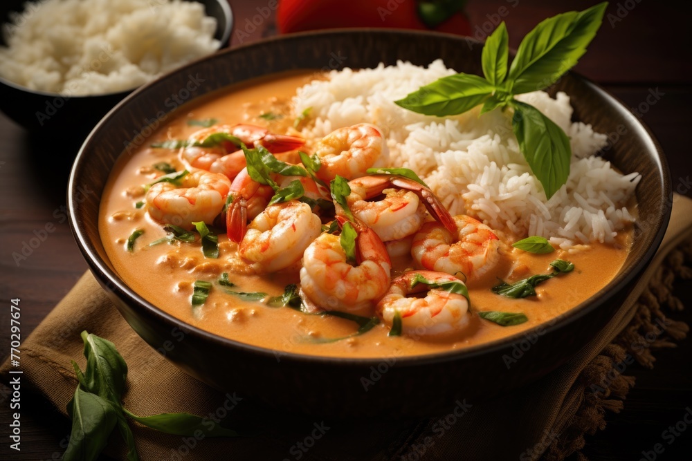 A bowl of shrimp and rice with a garnish of basil. The dish is rich and flavorful, with the shrimp being the main focus. The bowl is placed on a wooden table, and there is a plate of rice