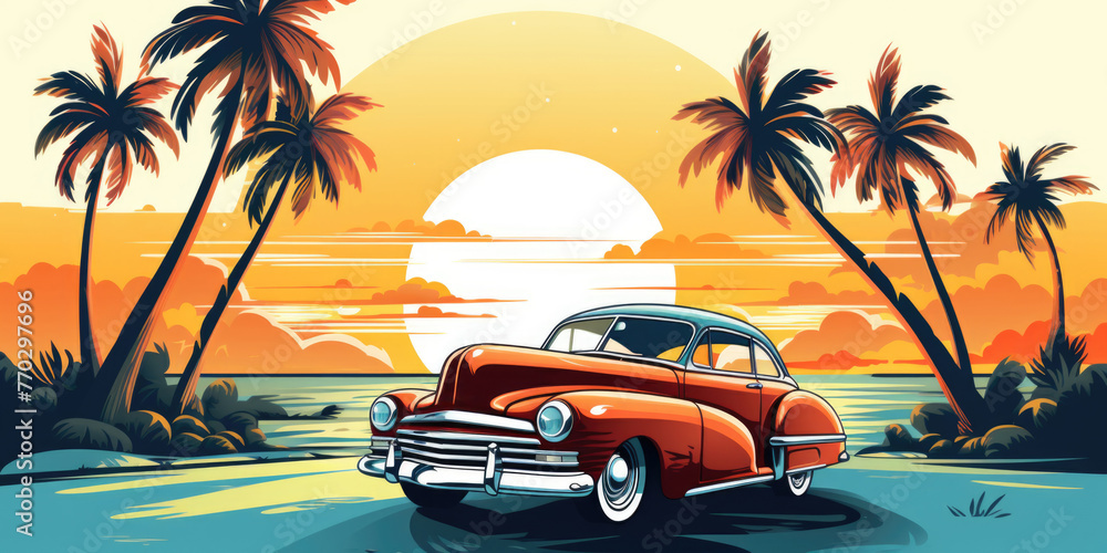 A vintage car is parked on a beach near palm trees. The scene is set at sunset, creating a warm and relaxing atmosphere
