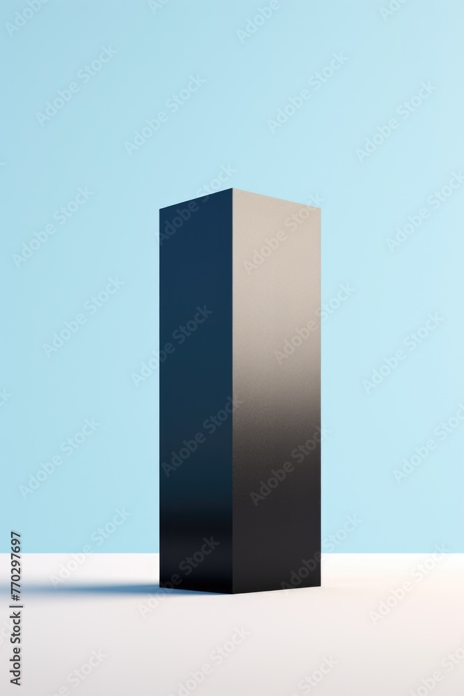 A black box is standing on a white surface. The box is tall and narrow, and it is the only object in the image. The blue background adds a sense of calmness and serenity to the scene A black box is standing on a white surface. The box is tall and narrow, and it is the only object in the image. The blue background adds a sense of calmness and serenity to the scene