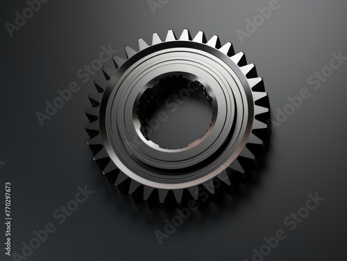 A close up of a black gear with a grey background. The gear is the main focus of the image and it is a part of a larger machine. The black color of the gear gives it a sleek and modern look