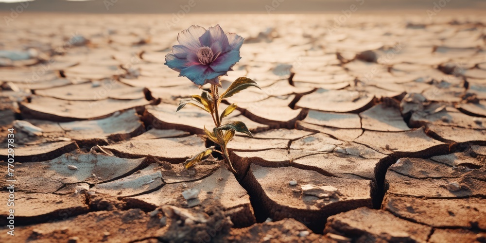 A small flower is growing in the middle of a desert. The desert is dry ...