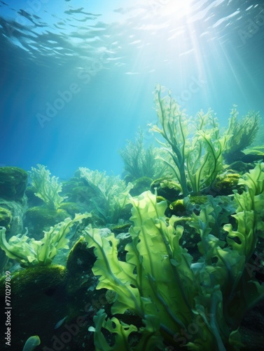 A large green plant is growing in the ocean. The plant is surrounded by rocks and the water is clear. The sunlight is shining on the plant, making it look vibrant and healthy