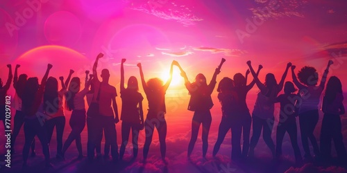 A group of people are standing in the air, celebrating and having fun. The image has a vibrant and energetic mood, with the people's excitement and joy being captured in the moment