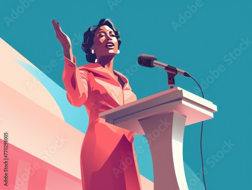 A woman is standing at a podium and singing. She is wearing a red dress. The image is of a woman giving a speech photo