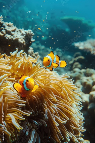 Two orange and white fish are swimming in a coral reef. The fish are surrounded by a sea of green and yellow coral