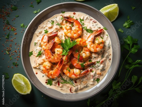 A plate of shrimp and lime is served on a table. The dish is garnished with parsley and has a creamy sauce. Scene is appetizing and inviting