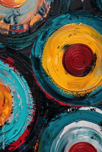 A painting of circles with different colors and textures. The circles are all different sizes and are painted with various shades of blue, red, and yellow. The painting has a vibrant
