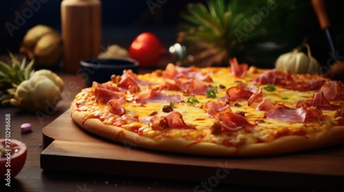 A large pizza with ham and cheese sits on a wooden table. The table is covered with various items, including a bottle, a bowl, and a few other objects. The pizza is the main focus of the image