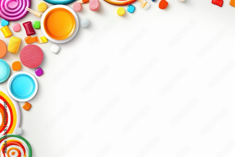 A colorful candy border with a white background. The candy is arranged in a way that creates a sense of movement and excitement