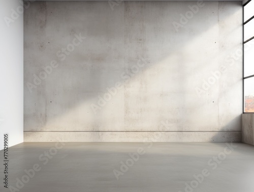 A large empty room with a white wall and a window. The room is empty and has a very clean and simple appearance