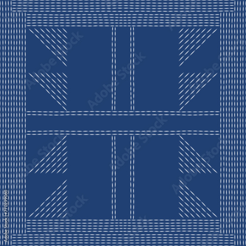  Sashiko Japanese style stitch handmade artwork white thread line design.Abstract seamless geometric pattern.Digital art illustration graphic resources.Indigo blue background 