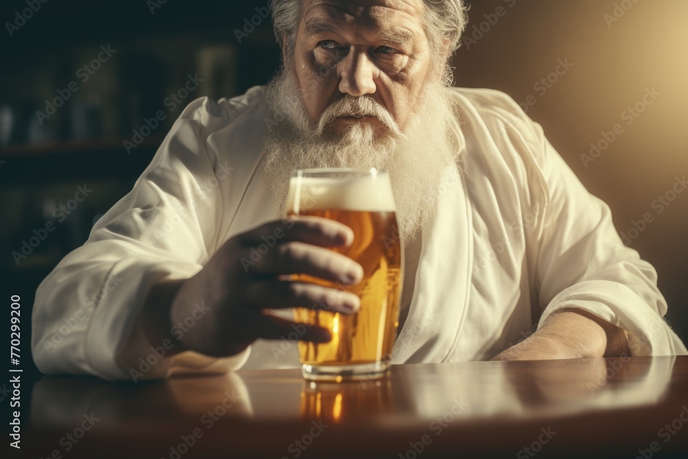 A man with a beard and white shirt is holding a glass of beer. He looks tired and is sitting at a table