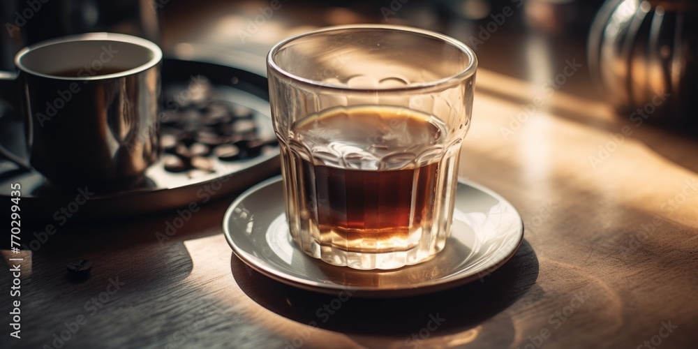 Fototapeta premium A glass of coffee sits on a white plate on a wooden table