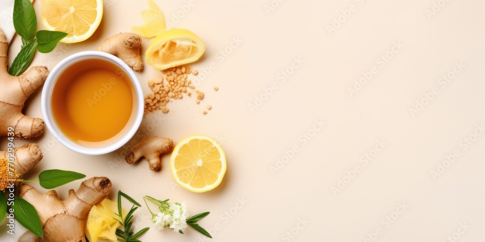 A bowl of tea with lemon slices and ginger on a table. Concept of relaxation and wellness, as the tea A bowl of tea with lemon slices and ginger on a table. Concept of relaxation and wellness, as the tea
