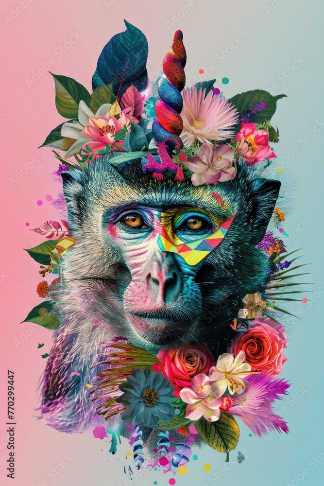 A monkey with a unicorn horn on its head. The monkey is surrounded by flowers and leaves. The image has a whimsical and playful mood A monkey with a unicorn horn on its head. The monkey is surrounded by flowers and leaves. The image has a whimsical and playful mood
