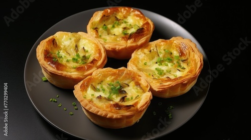 Four small pastries with green onions on top. The plate is black and the pastries are golden brown
