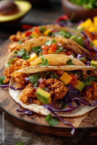 Three tacos with meat, avocado, and cabbage on a wooden board. The tacos are piled on top of each other, and the cabbage is spread out across the board