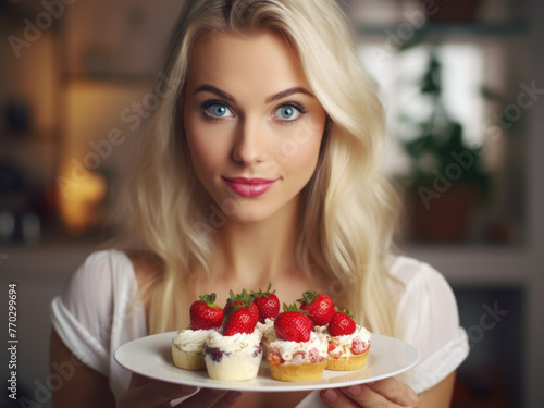A blonde woman is holding a plate with a dessert that has strawberries on it. The dessert is a strawberry shortcake