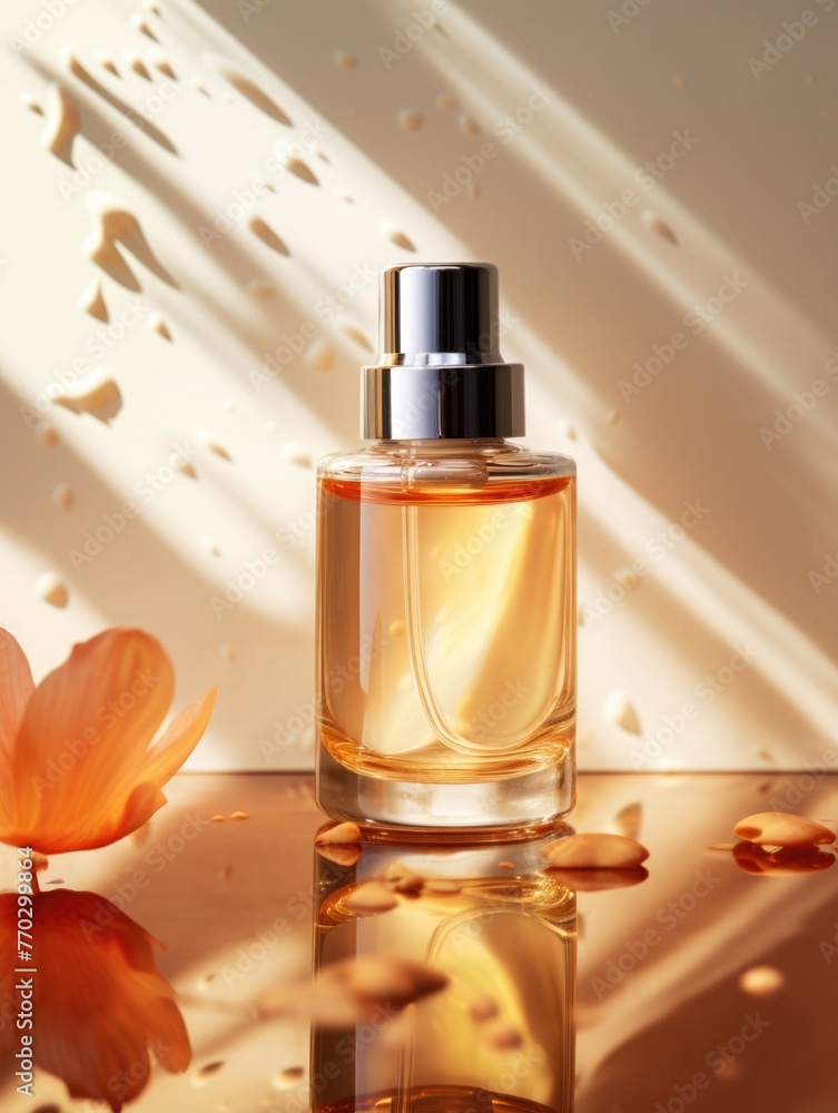 A bottle of perfume is sitting on a table next to some flowers. The bottle is made of glass and has a spray top. Scene is one of relaxation A bottle of perfume is sitting on a table next to some flowers. The bottle is made of glass and has a spray top. Scene is one of relaxation