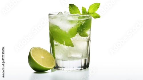 A glass of limeade with a lime wedge on the side. The limeade is cold and refreshing  perfect for a hot day
