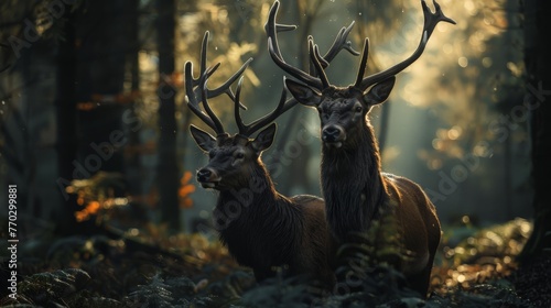 Two stag in the forest during a rut season, staring at camera  © robfolio