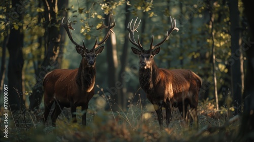 Two stag in the forest during a rut season, staring at camera 
