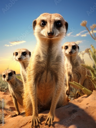 A group of four meerkats are standing on a sandy hillside, with one of them looking directly at the camera. Concept of curiosity and playfulness