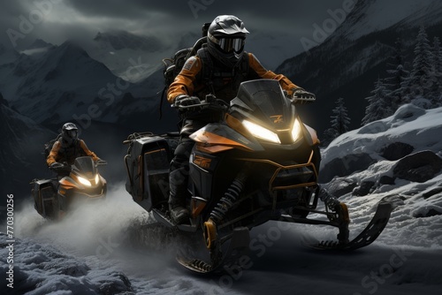 a vivid depiction of a couple enjoying an adventurous ride on a snowmobile against a stunning snowy backdrop