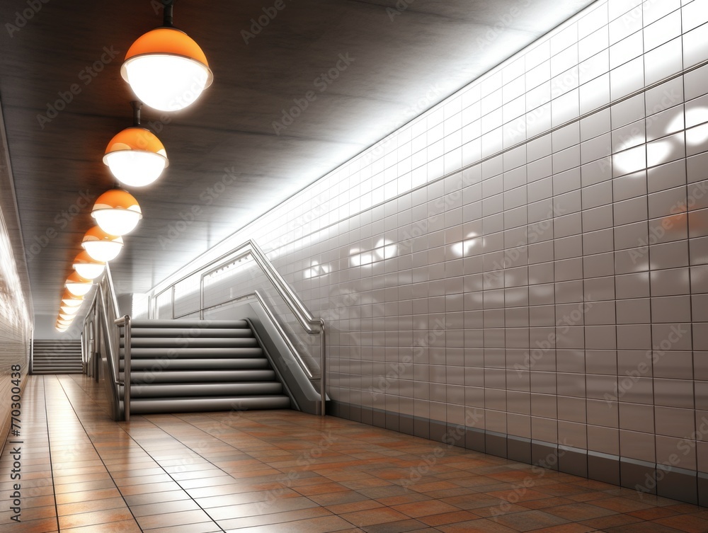A long, empty subway tunnel with orange lights hanging from the ceiling ...