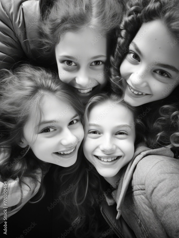 Four girls are smiling and hugging each other. The photo is black and white. The girls are wearing jackets and have long hair Four girls are smiling and hugging each other. The photo is black and white. The girls are wearing jackets and have long hair