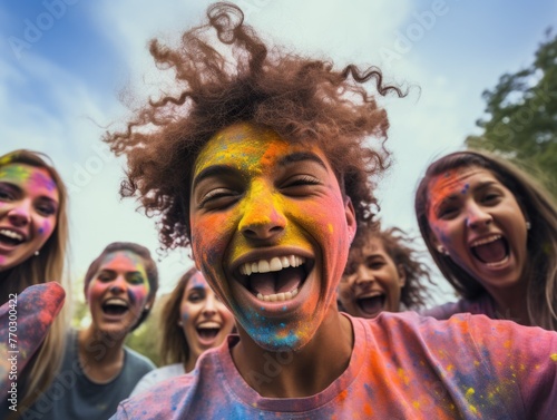 A group of people are smiling and wearing colorful face paint. Scene is joyful and celebratory © vefimov