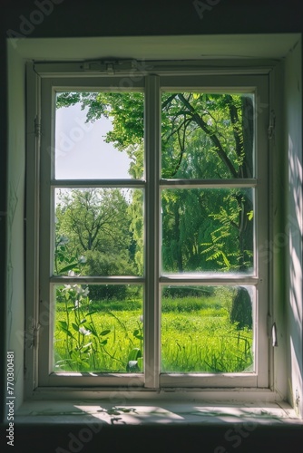A window with a view of a lush green field. The sunlight is shining through the window  creating a warm and inviting atmosphere