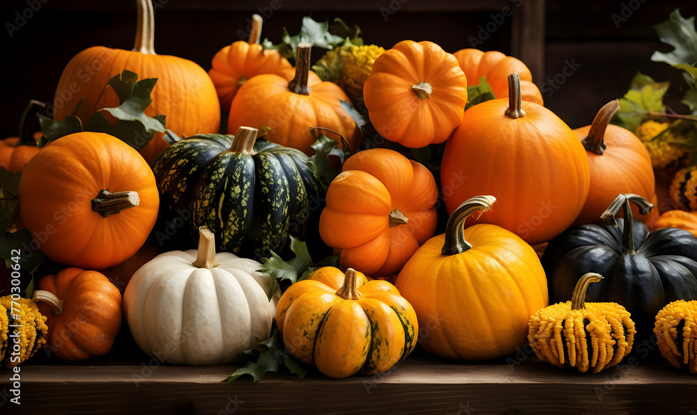 Colorful pumpkins collection on the autumn market. Autumn background.