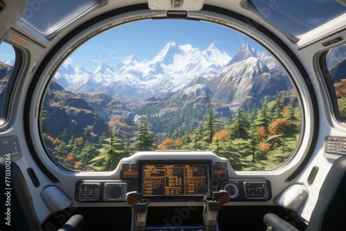 Fototapeta Naklejka Na Ścianę i Meble -  Design a futuristic space station with advanced technology, featuring a breathtaking panoramic view of planet earth from its window.