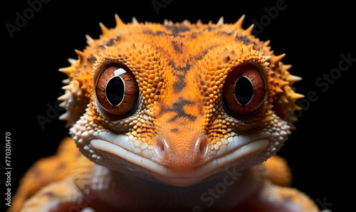 Close up of a leopard gecko isolated on black background
