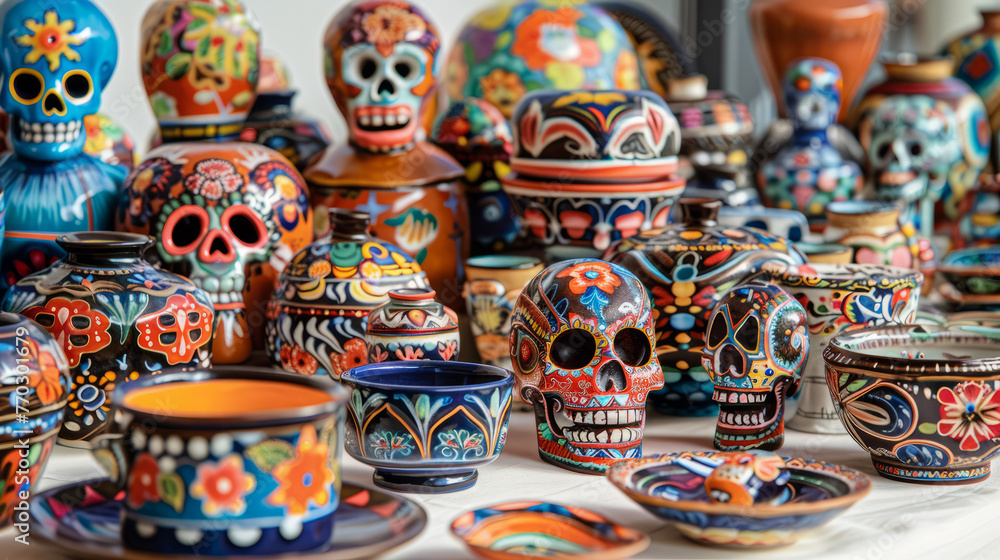 An array of vibrant handcrafted Mexican ceramic pottery, showcasing intricate designs and traditional skull motifs