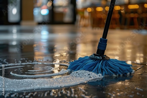A mop washing a shiny floor with soapy water. photo