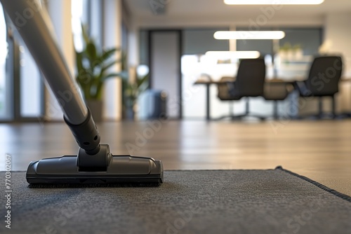 Close-up of a vacuum cleaner on carpet in a modern office.
